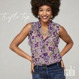 CAbi Trifle Button Up Top Sleeveless Blouse Purple Ruffled Floral size S, #4168